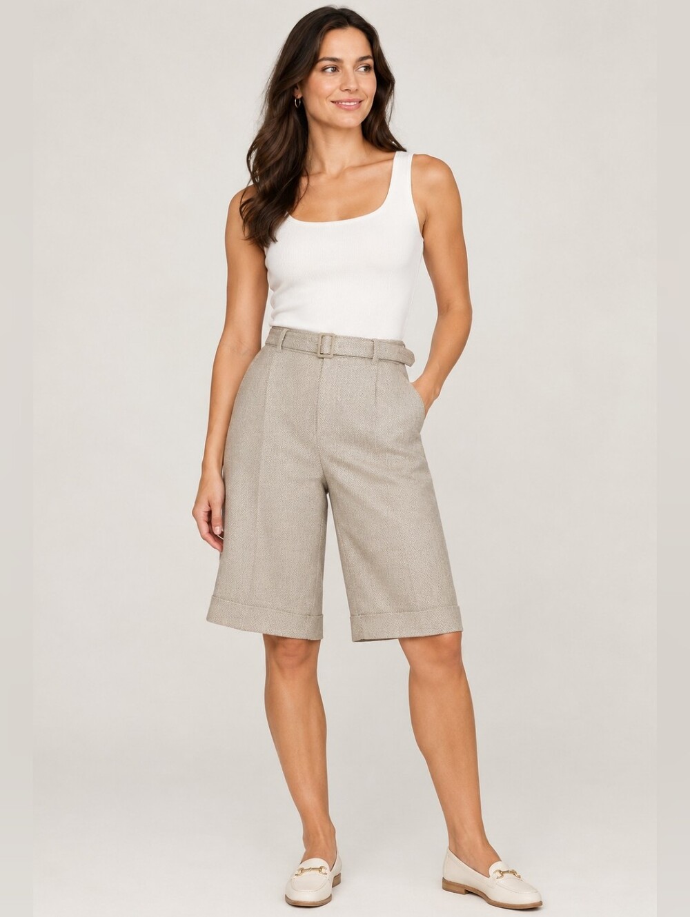 Due Per Due Silk Blend Herringbone High Waisted Trouser Shorts